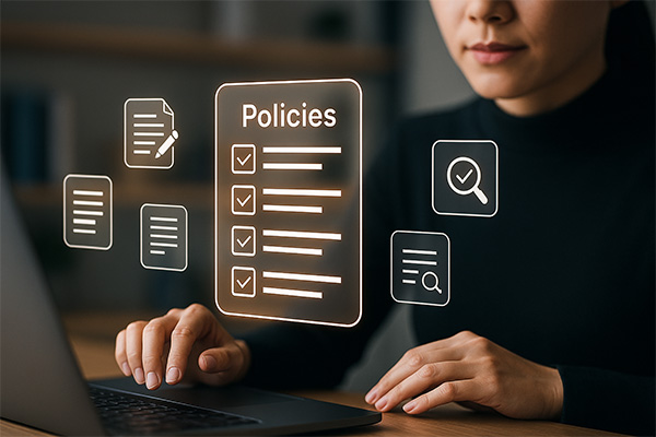 woman at a virtual computer looking at policy